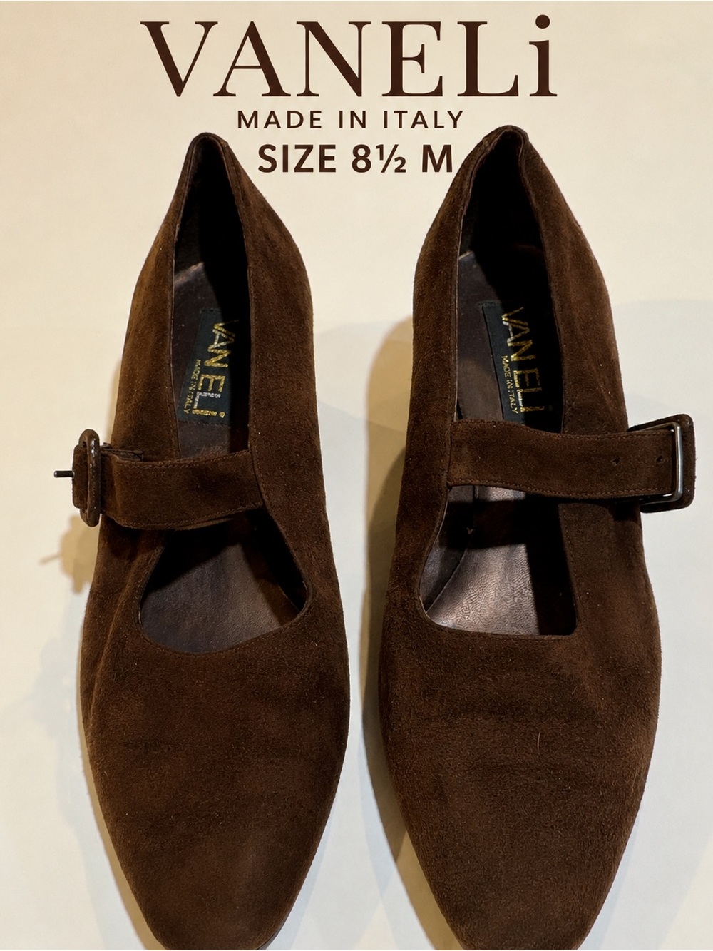 Vintage VANELi Brown Suede Mary Jane Pumps 8.5 M Made in Italy Vero Cuoio